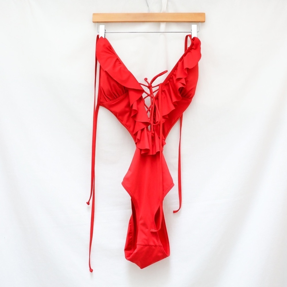 La Vie En Rose one piece swimsuit V-neck plunge ruffle bright red beach vacation